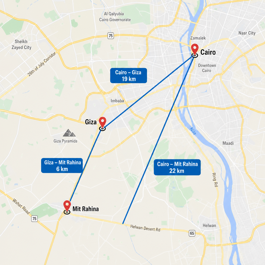 map showing the distance between Cairo, Giza, and Mit Rahina